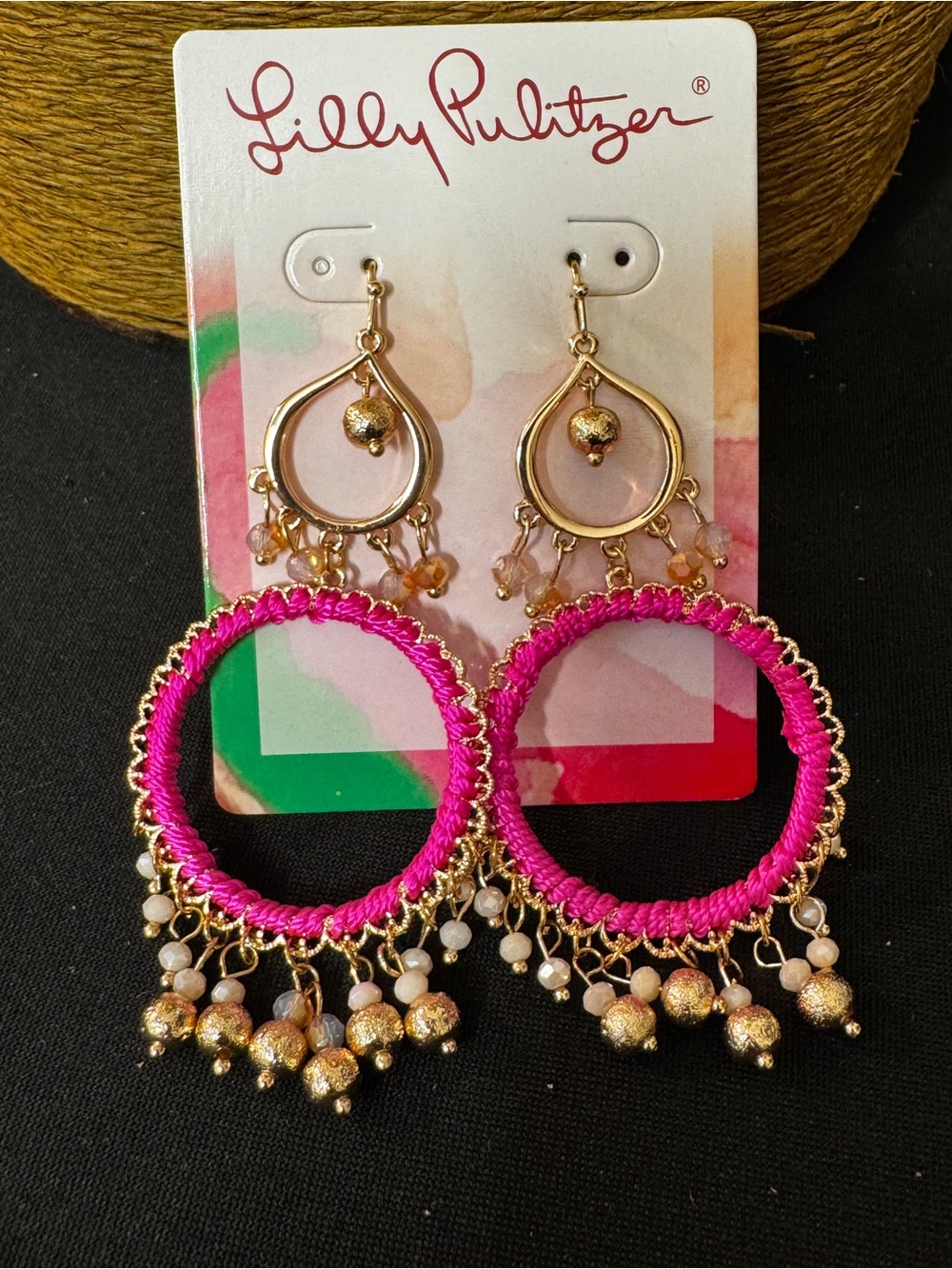 Lilly Pulitzer Hot Pink and Gold Woven Hoop Drop Earrings
